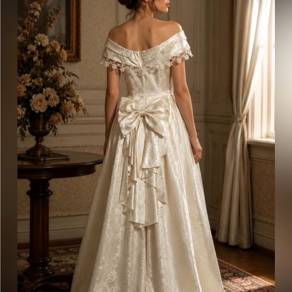 Jessica McClintock Ivory Off-Shoulder Lace Wedding Gown - Picture 3 of 16